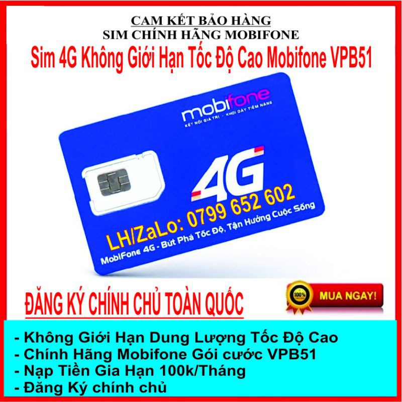 Sim 4G Mobifone VPB51 Max Băng Thông Không Giới Hạn Dung Lượng Tốc Độ Cao