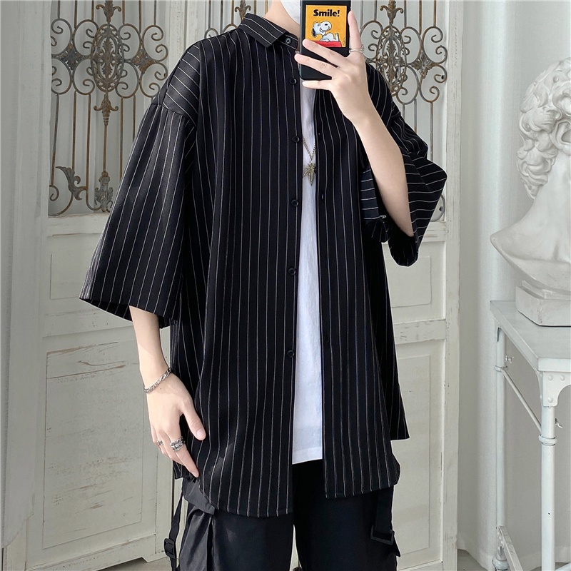 Áo Sơ Mi Tay Ngắn Dáng Rộng Họa Tiết Kẻ Sọc Thời Trang Mùa Hè Cho Nam Size M-3XL