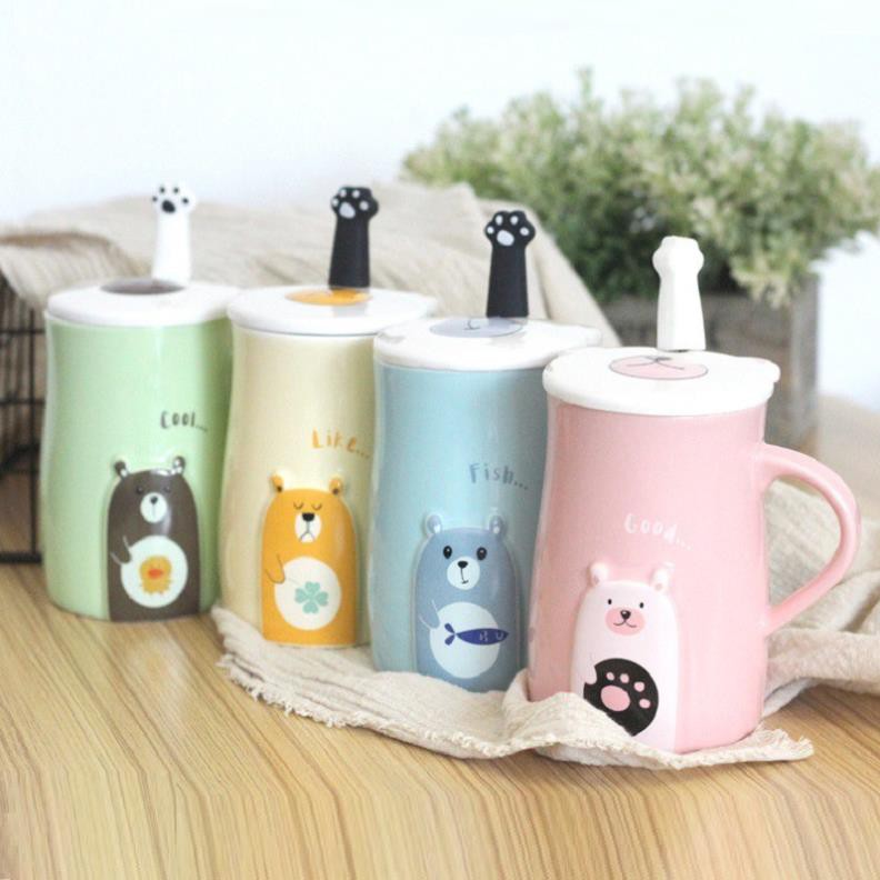 Cốc sứ cao cấp có nắp kèm muỗng chân gấu màu pastel