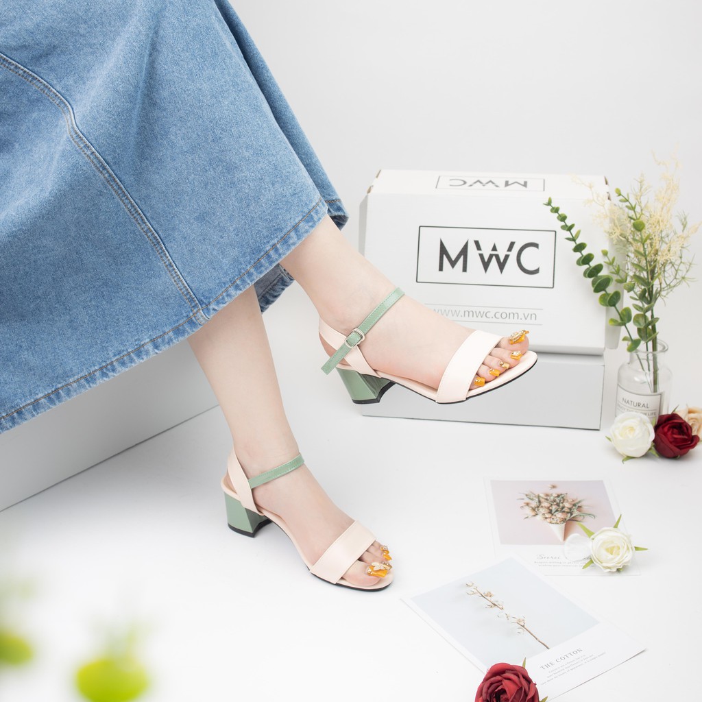 Giày Sandal Cao Gót MWC Đế Vuông 5CM Hở Mũi Quai Ngang Màu Xanh Nâu Sang Trọng NUCG-3920