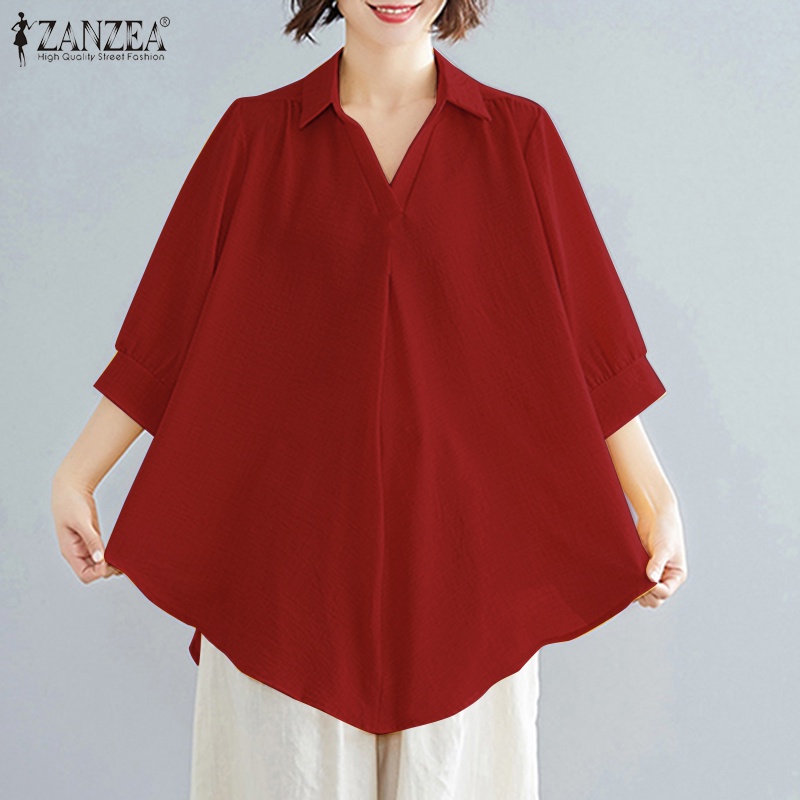 Áo sơ mi Zanzea tay lỡ cổ bẻ dáng rộng màu trơn phong cách Hàn Quốc đơn giản dành cho nữ