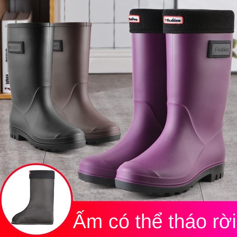 Giày đi mưa thời trang nữ ống giữa ấm ủng không trơn trượt nước của phụ cao su Hàn Quốc dành cho người lớn cộng với chốn