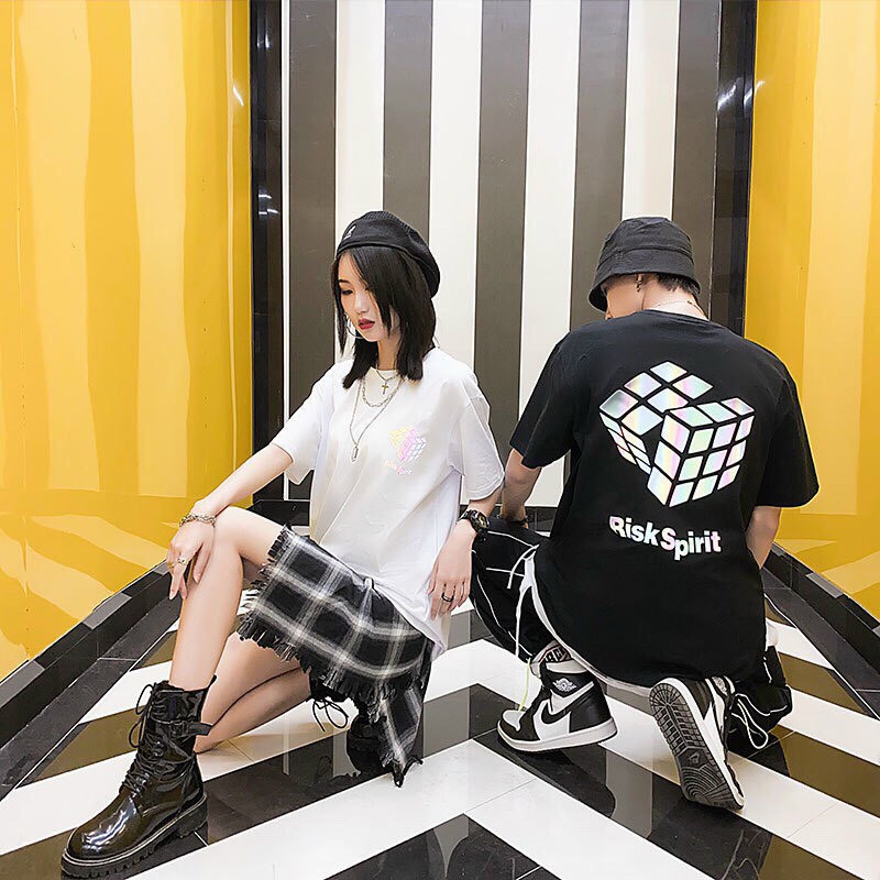 Áo thun phản quang tay lỡ form rộng unisex mặc áo phông đôi hình rubik in 2 mặt