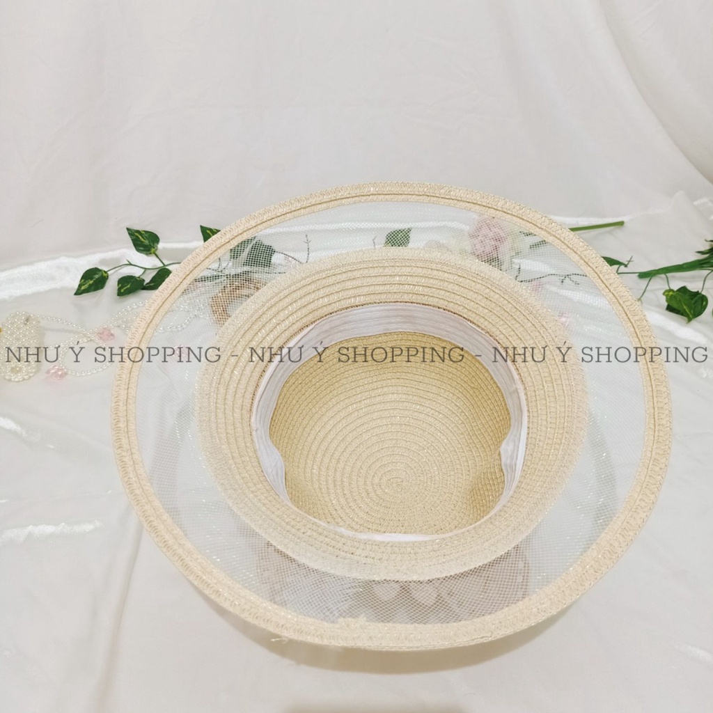 Nón cói,mũ cói nữ đi biển vành nhỏ phối lưới nơ hoa đính ngọc-q12 buom ngoc