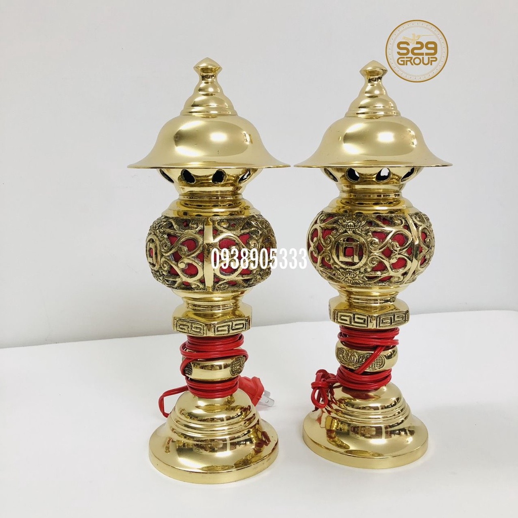 Cặp đèn thờ cúng gia tiên bằng đồng nguyên chất cao 38cm,đồ thờ cúng cao cấp