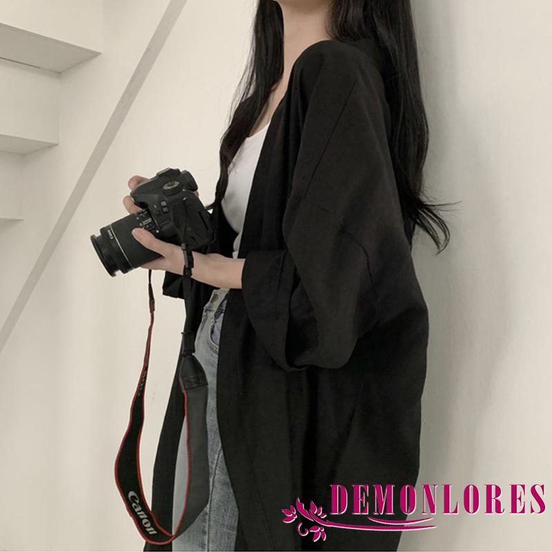Áo Khoác Cardigan Tay Dài Màu Trơn Dáng Rộng Xẻ Tà Thời Trang Mùa Hè Cho Nữ