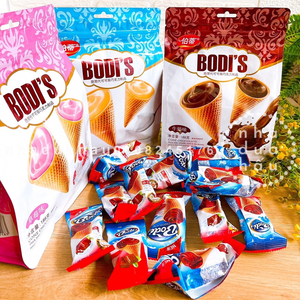 Một gói bánh ốc quế nhân kem sữa vani/ dâu/ socola Bodis Hongkong siêu ngon đầy kem gói lớn 188gam tầm 14 cái