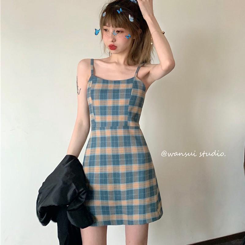 Đầm Hai Dây Họa Tiết Sọc Caro Phong Cách Retro Hàn Quốc