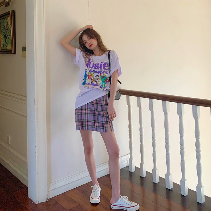 SẴN | SET ÁO THUN HOẠT HÌNH + CHÂN VÁY KẺ SỌC TÍM CÁ TÍNH ULZZANG