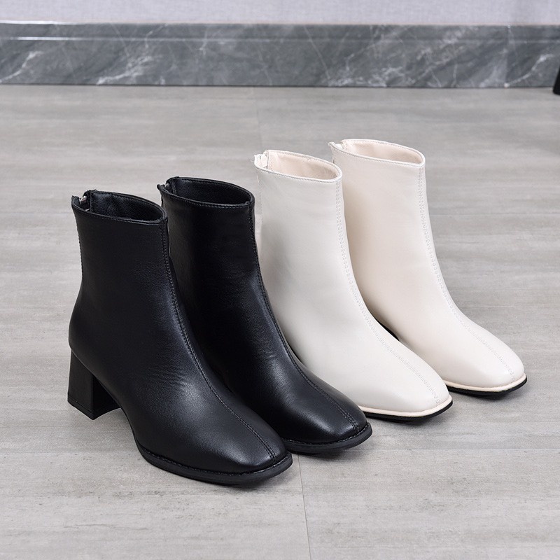 Boot nữ cao cổ đế vuông 7p, Bốt nữ cổ lửng chất da có khoá sau lên dáng cực sang chảnh