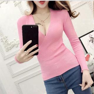 Áo thun tay dài cổ V dáng ôm cho nữ