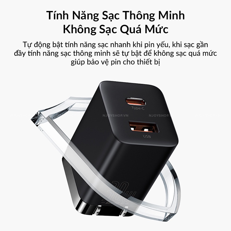 Củ Sạc Nhanh Siêu Nhỏ Baseus 30w Chân Gập 2 Cổng USB / Type C Hỗ Trợ Qc 3.0 Pd Cho Điện Thoại Máy Tính Bảng Njoyshop