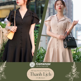 Đầm công sở đuôi cá phối nút tay áo cách điệu