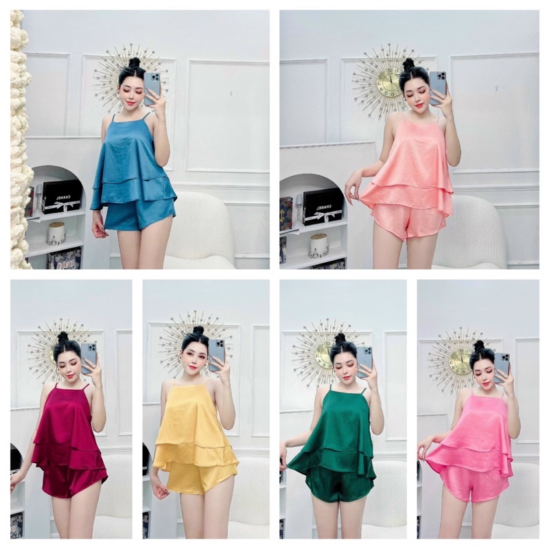 Đồ bộ ngủ 2 tầng đồ bộ mặc nhà lụa satin mềm quần có túi quần kèm ảnh thật