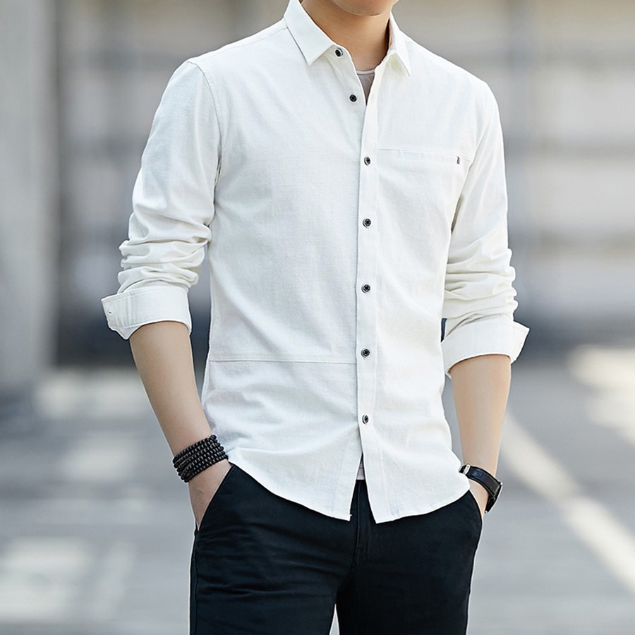 Áo Sơ Mi Nam Dài Tay Chất Đũi Xước Cổ Bẻ Cao Cấp Phong Cách Hàn Quốc