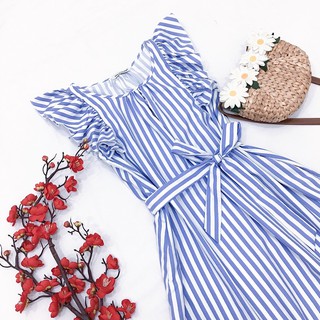 Đầm suông, váy midi sọc xanh dây bèo (kèm hình thật)
