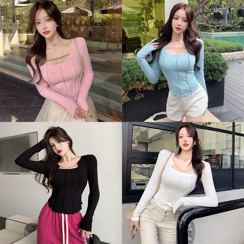 Áo Thun Tay Ngắn Cổ Vuông Màu Trơn Phong Cách Hàn Quốc Thời Trang Cho Nữ