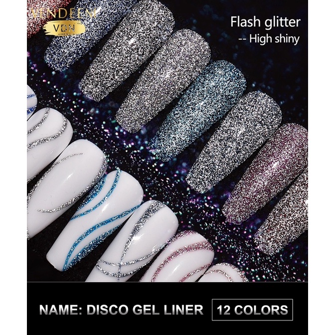 Sơn gel cọ nét vẽ nhũ flash vendeeni set 12 màu