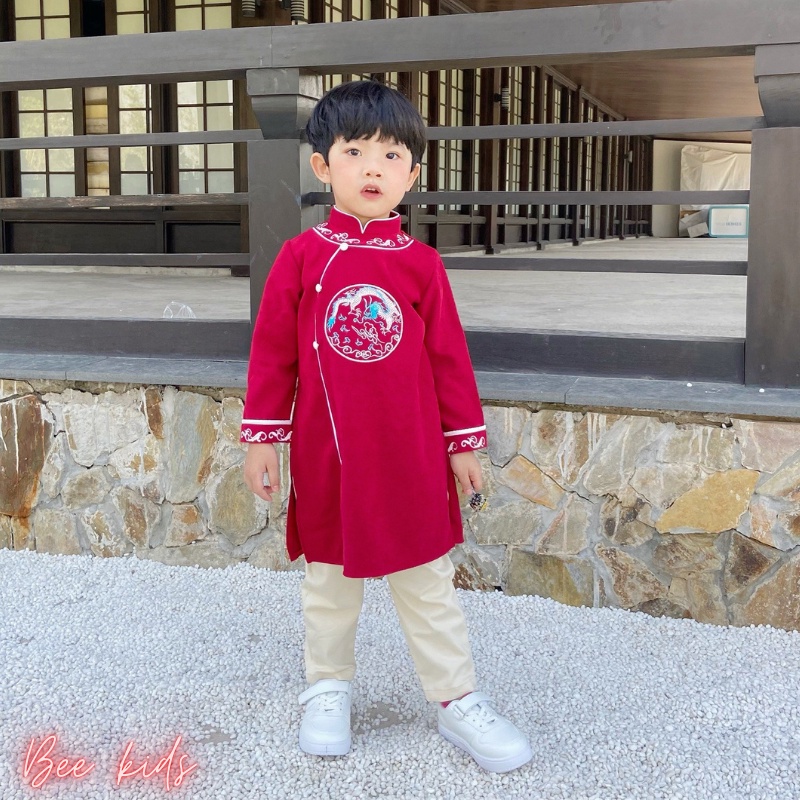 Áo dài bé trai Phúc Vân Long _ áo dài cách tân họa tiết rồng đỏ, rồng vàng Bee kids cho bé 1 2 3 4 5 6 7 8 9 10 tuổi