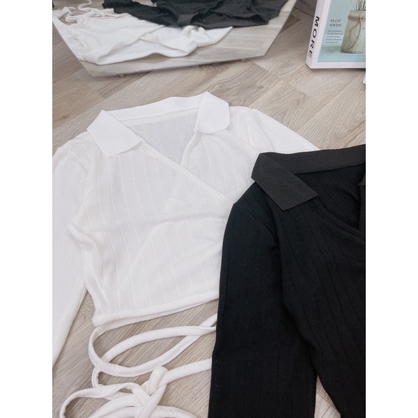 Áo croptop tay dài vạt chéo thắt eo