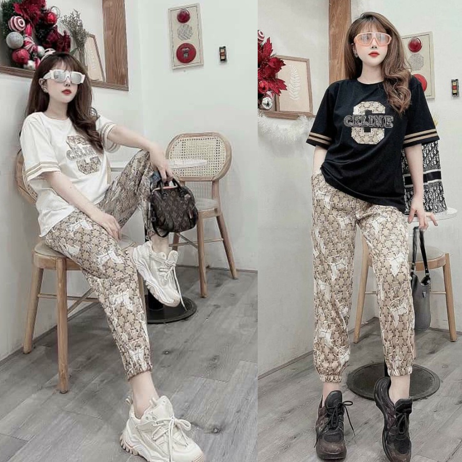 Đồ bộ thun cotton form rộng bo chân in họa tiết (2 màu đen, trắng phối quần họa tiết)