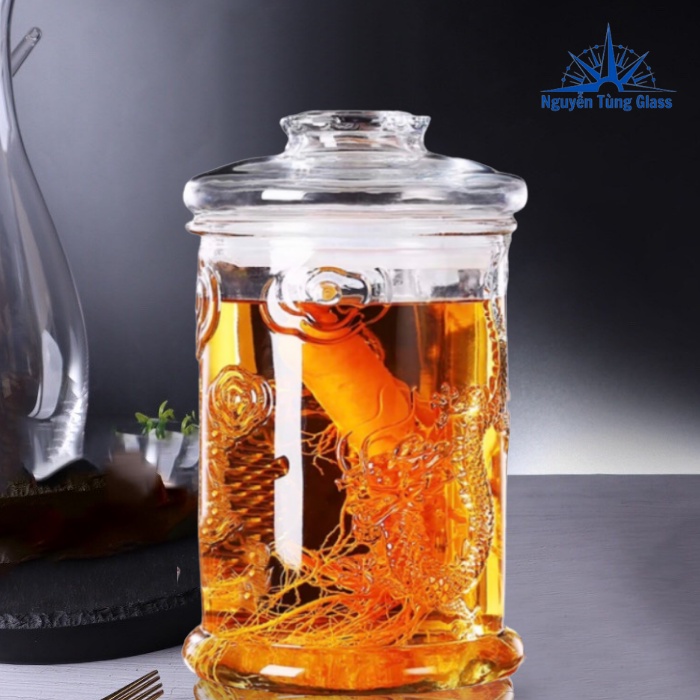 Bình ngâm rượu thủy tinh 8 lít dáng trụ hoa văn rồng