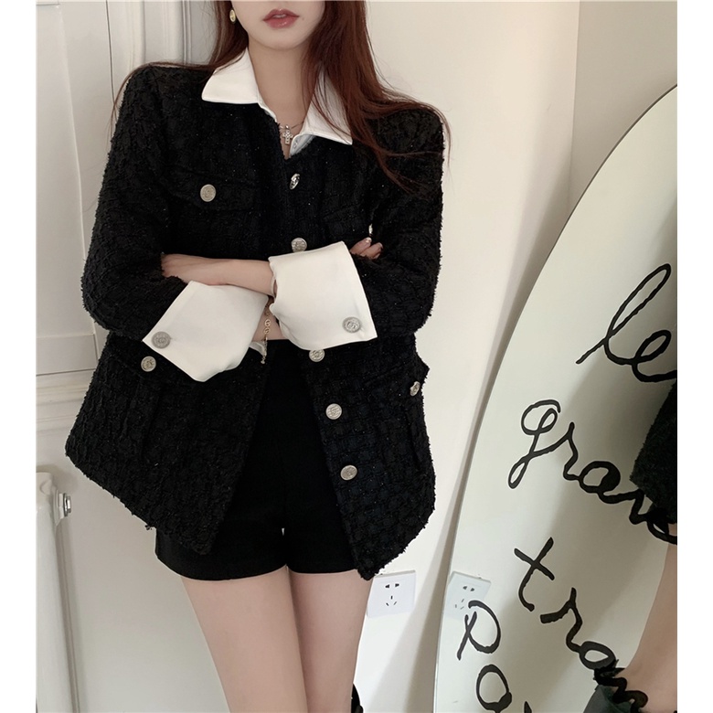 Áo khoác tweed đen dáng sơ mi cổ trắng sang chảnh siu đẹp