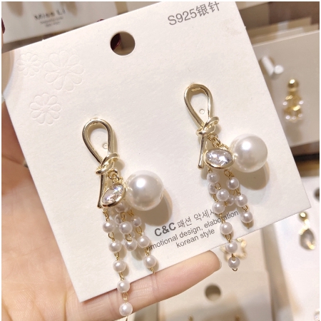 Korean Sweet Fashion Women Crystal Pearl Tassel Pendant Earrings Women Anting Studs