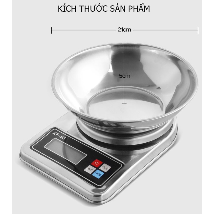 Cân điện tử nhà bếp chính xác XF-03 bằng inox có kèm tô đựng