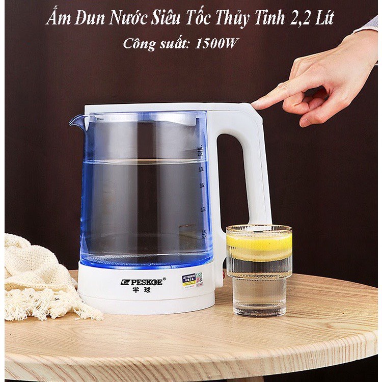 Ấm Siêu Tốc Thủy Tinh - Ấm Đun Nước Thủy Tinh Cao Cấp Công Suất Lớn 1500W Dung Tích 2,2 Lít, Bình Siêu TốcTrong Suốt
