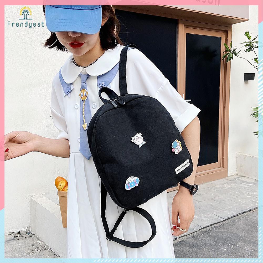 Vintage Women Canvas Solid Color Backpack Casual Knapsack Handbags Badges