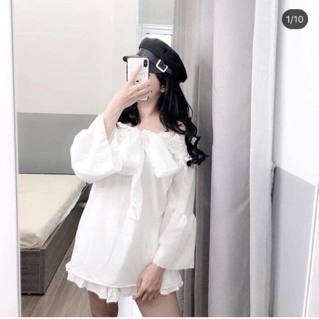 Áo trễ vai thắt nơ lưng mặc 2 kiểu