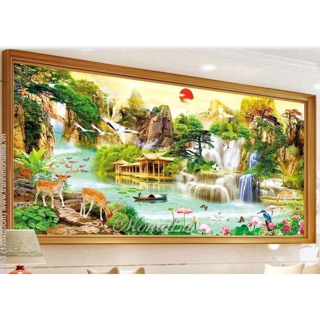 Tranh thêu chữ thập sơn thuỷ hữu tình THÊU KÍN