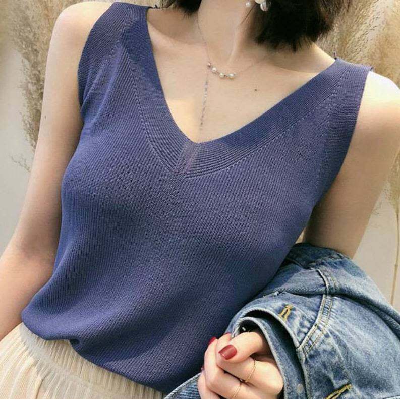 Áo Dệt Kim Sát Nách Màu Sắc Thanh Lịch Thiết Kế Dáng Rộng Cổ Chữ V