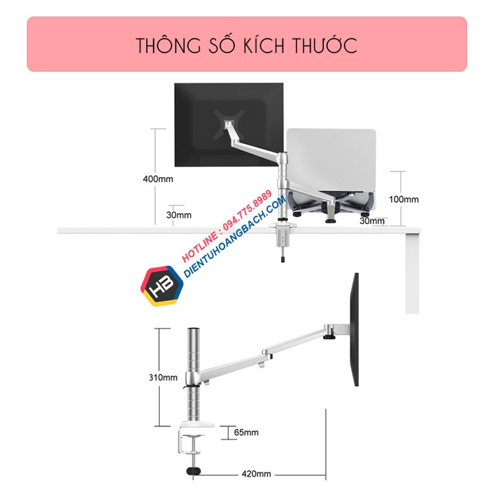 Giá Treo Màn Hình OA 7X 17 - 24 - 27 - 32 Inch - Kèm Tay Treo Đỡ Laptop 10 - 15.6 Inch - Gắn Bàn Đa Năng