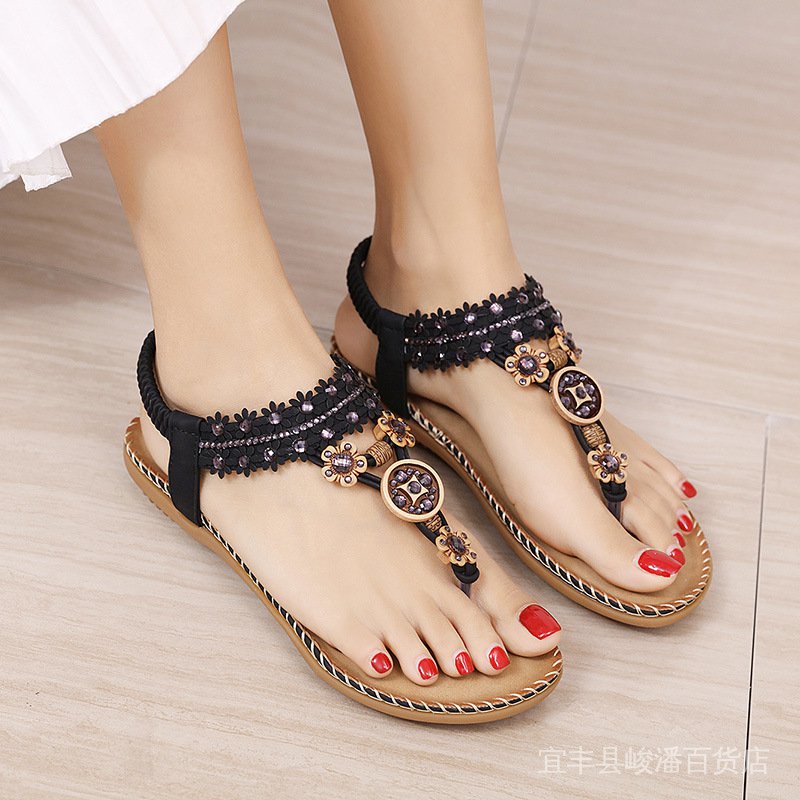 Giày Sandal Đế Bệt Hở Ngón Đính Hạt Phong Cách Bohemian Mẫu Mới 2022 NLJ1