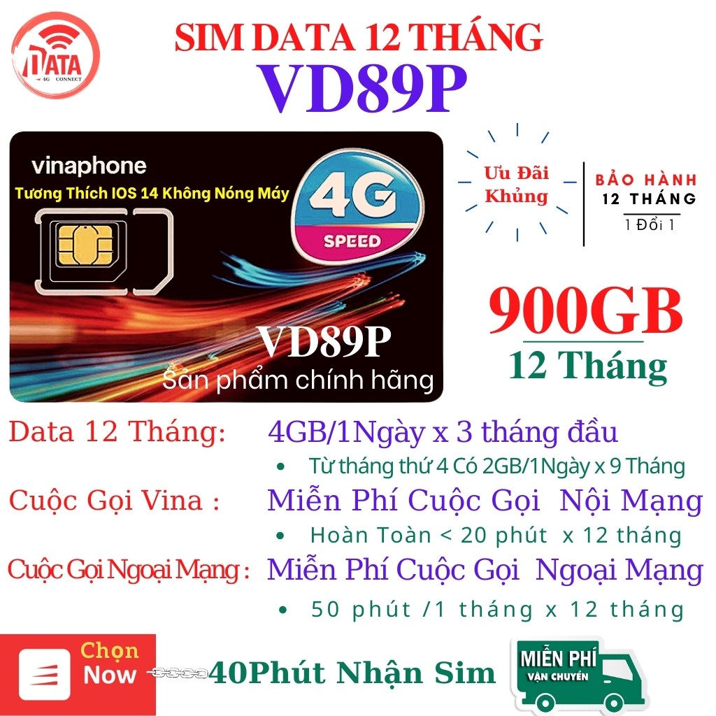 Sim4G VD89P 12THÁNG  MIỄN PHÍ DATA 900GB + GỌI + CẢ NĂM Vinaphone ,Kèm