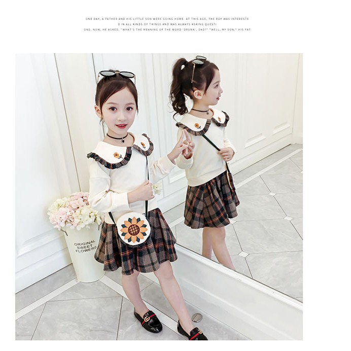 Set Áo Sweater Tay Dài Cổ Búp Bê + Chân Váy Sọc Ca Rô Thời Trang Xuân Thu Dễ Thương Cho Bé Gái