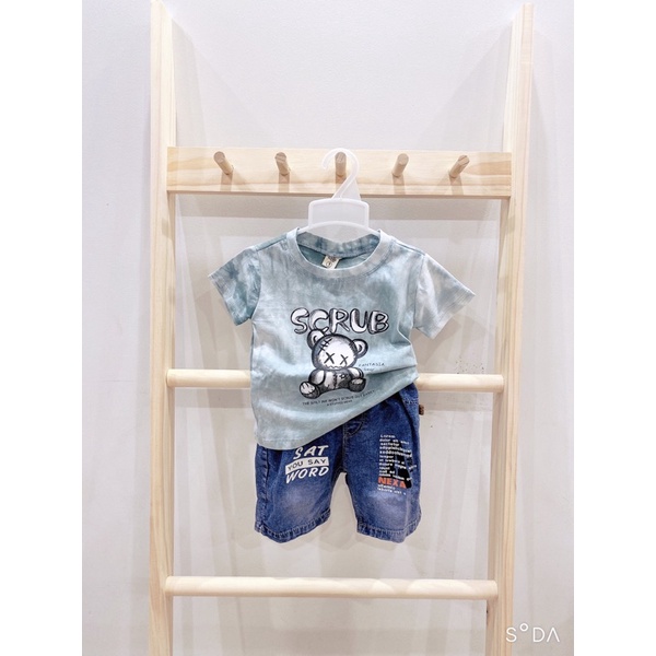 Set quần bò bé trai, set áo phông mix quần bò cho bé trai đi chơi đi học 8-15kg