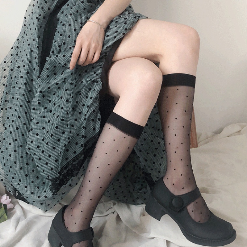 Vớ cổ cao vải lưới xuyên thấu dệt Jacquard họa tiết chấm bi phong cách Lolita vintage gợi cảm thời trang hè cho nữ