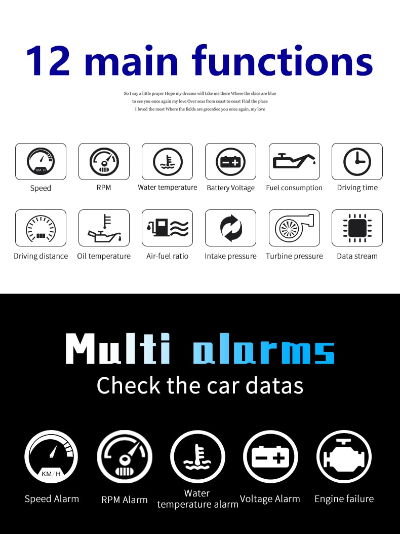 P10 Ô tô OBD2 Head Up Display Đồng hồ tốc độ kỹ thuật số Mức tiêu thụ nhiên liệu Điện áp Nhiệt độ theo dặm Kính chắn gió Máy chiếu