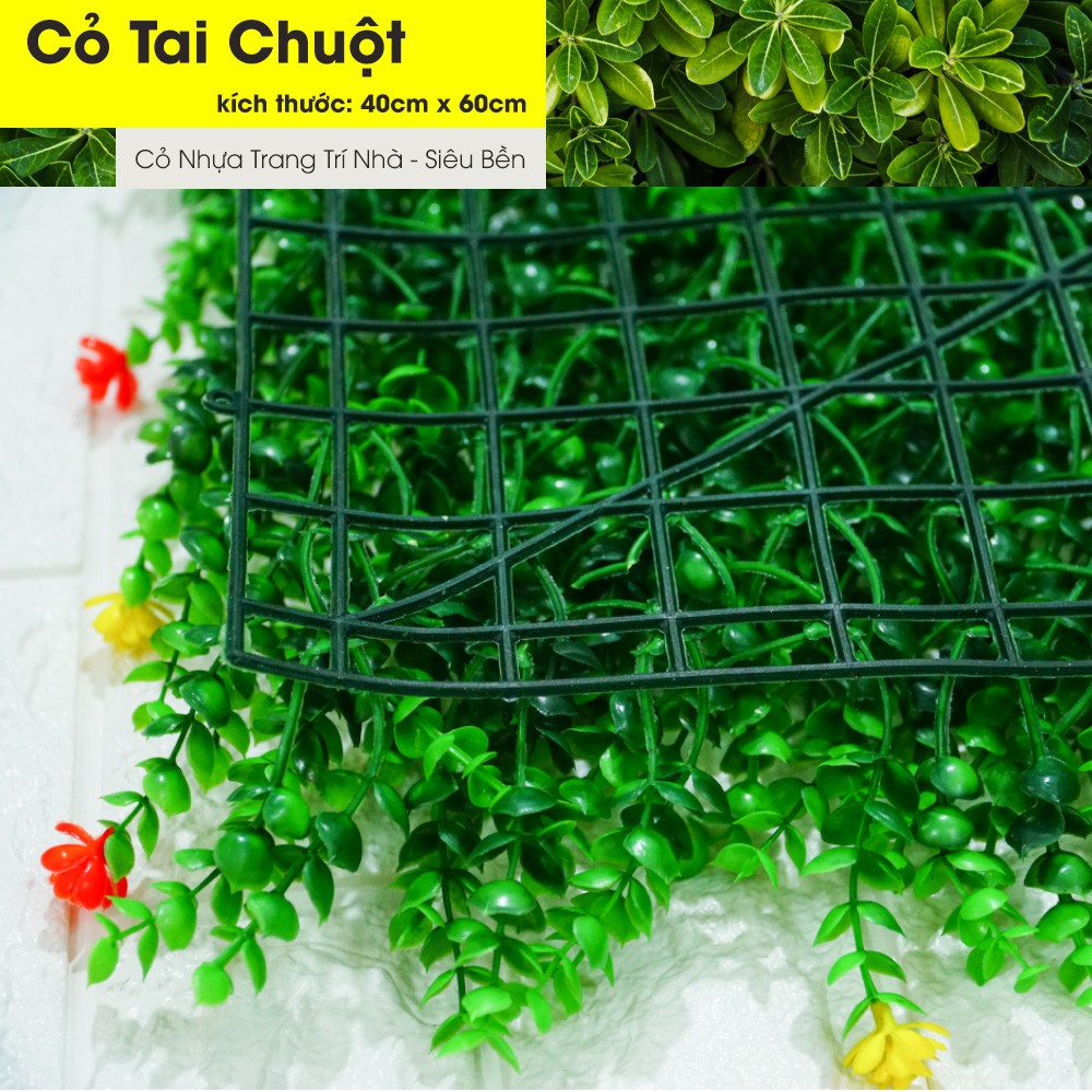 Thảm cỏ nhựa treo tường đính hoa, tấm cỏ nhựa tai chuột trang trí kích thước 40cm x 60cm