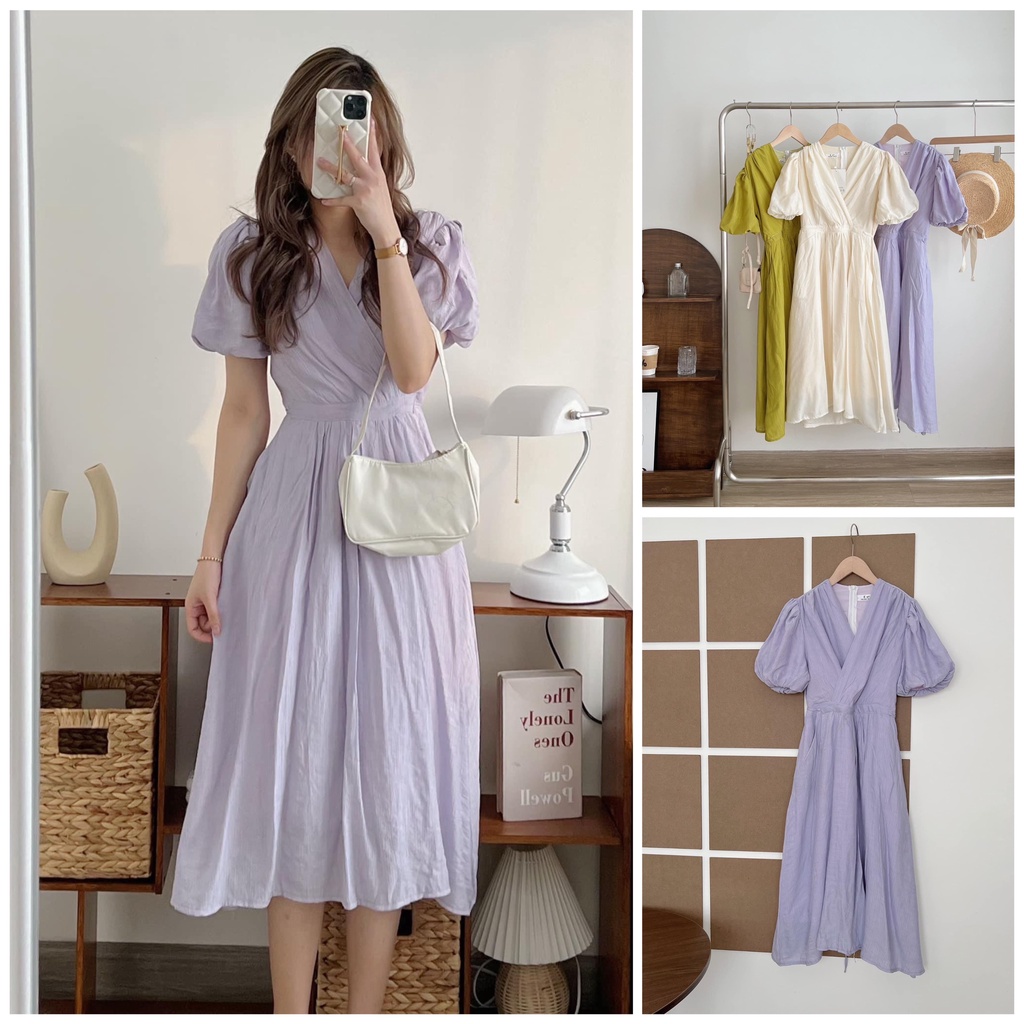 [Ảnh thật/Video] Đầm - Váy đũi xước cổ V tay bồng rút eo dáng dài ulzzang