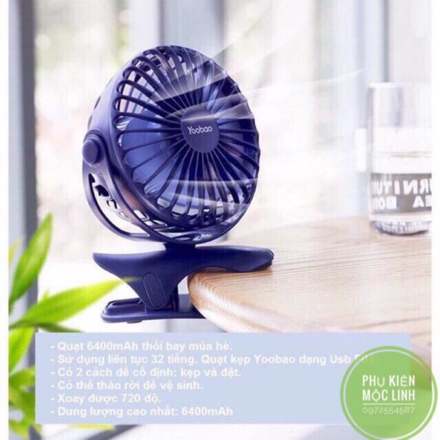 [ TÍCH ĐIỆN DÙNG LIÊN TỤC 32H ] Quạt Yoobao kẹp tích điện Y-F04 360 độ 6400 mAh