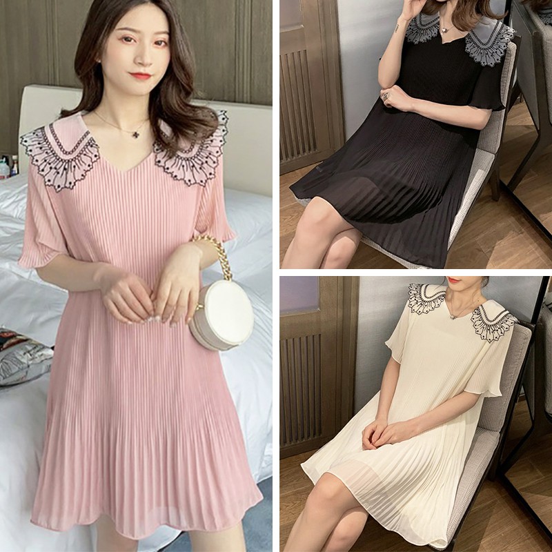 Váy chiffon nữ rộng ngắn tay cổ chữ V