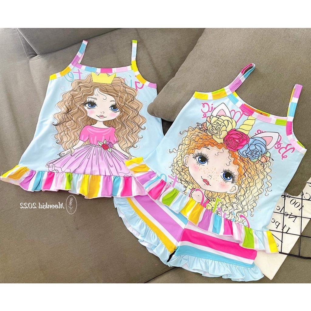 Bộ thun lạnh 2 bánh bèo dây in 3D công chúa, mèo kitty cho bé gái 8-20kg
