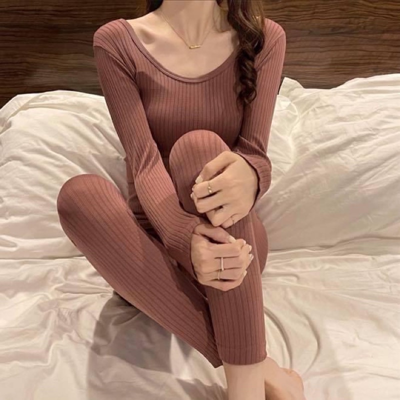 Set pyjama dài len dệt tăm gân thun co dãn áo cổ tròn ôm sát body - Order taobao quảng châu
