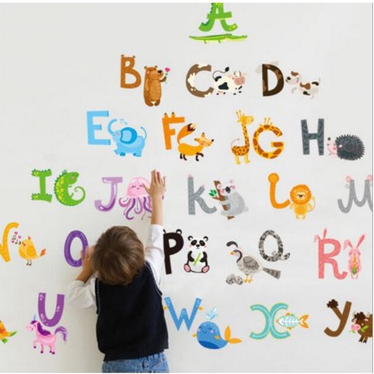 Decal giấy dán tường bảng chữ cái mặt thú tiếng anh ngộ nghĩnh