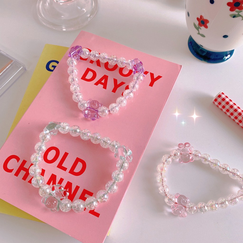Dây cột tóc kèm vòng tay 2in1 họa tiết gấu hạt châu Hologram cực xinh xắn ulzzang