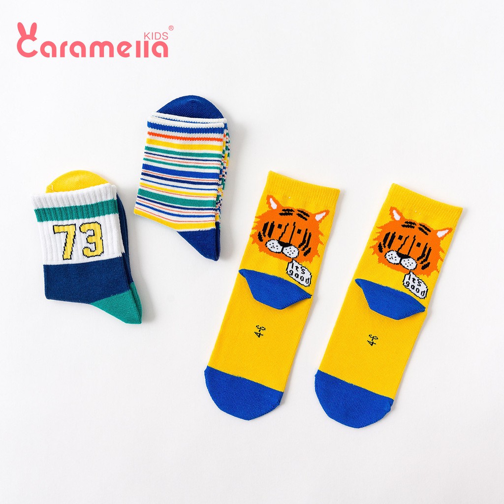 Tất trẻ em Caramella thêu sư tử hoạt hình đáng yêu, set 3 đôi vớ cotton kèm hộp hoặc túi đựng